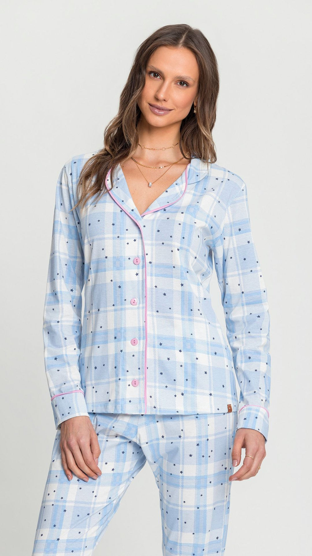 Pijama Americano Manga Longa Xadrez Com Estrelas em Algodão - Mensageiro dos Sonhos