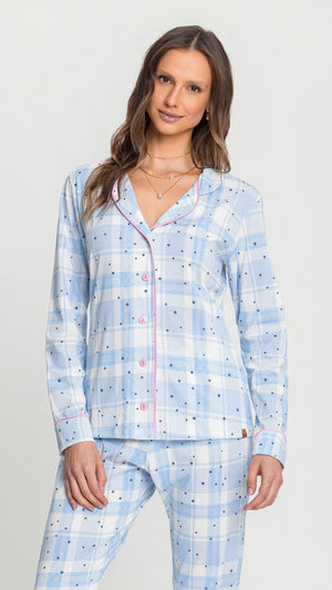 Pijama Americano Manga Longa Xadrez Com Estrelas em Algodão - Mensageiro dos Sonhos