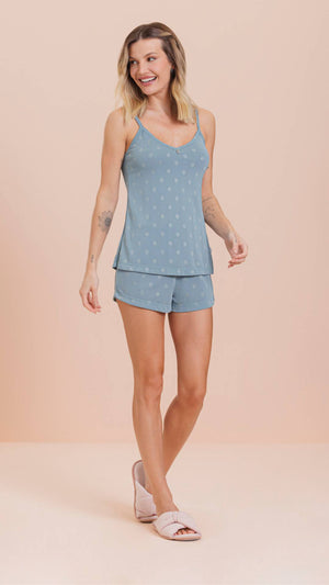 Short Doll Alça Poá Azul em Poliamida - Lua Encantada