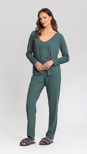 Conjunto Feminino de Três Peças Longo em Ribana Canelada - Mensageiro dos Sonhos