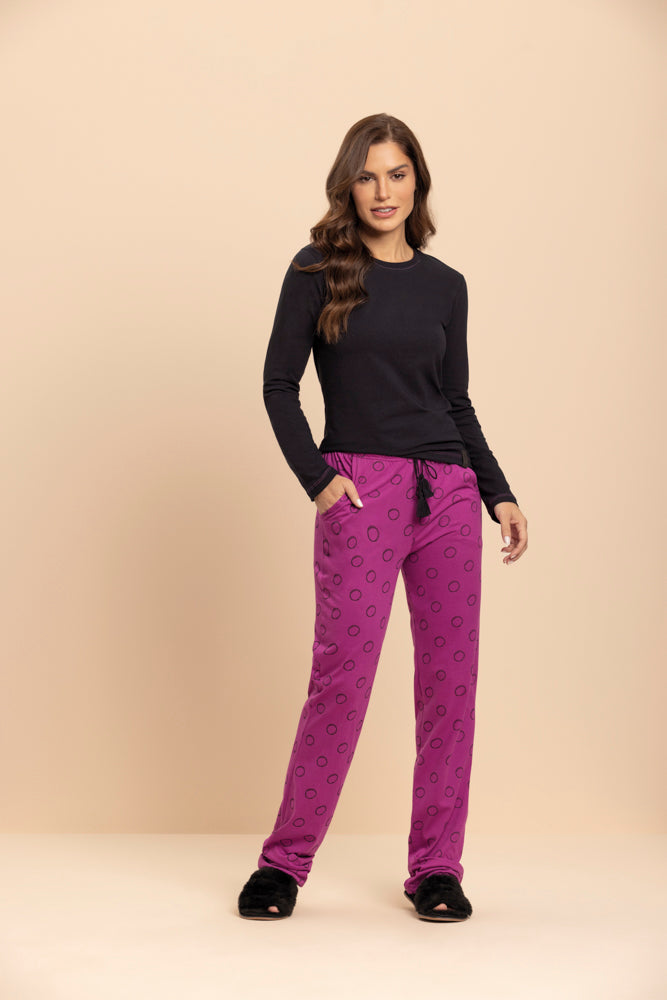 Pijama Manga Longa Poá Contorno em Viscose e Algodão - Lua Encantada