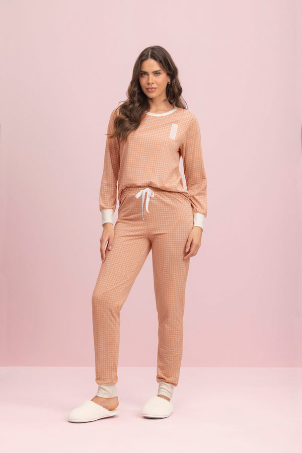 Pijama Manga Longa Mini Grid em Algodão - Lua Encantada