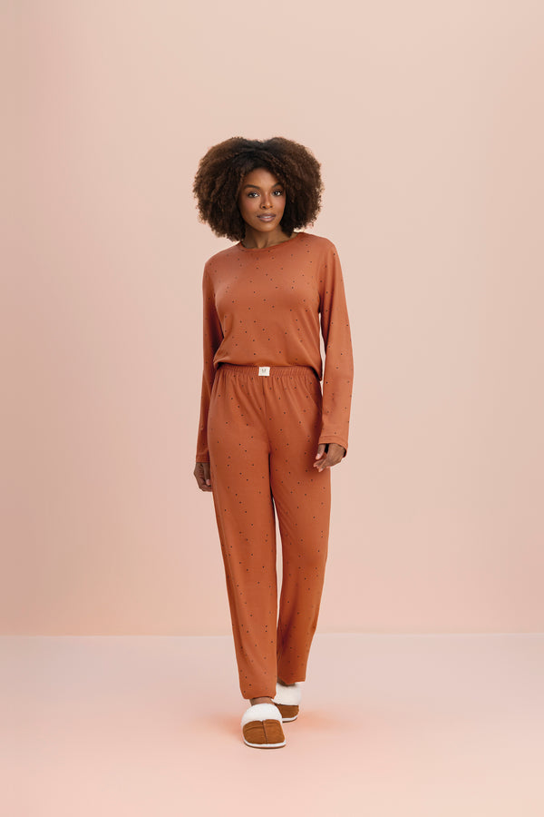 Pijama Manga Longa Terracota em Algodão - Lua Encantada