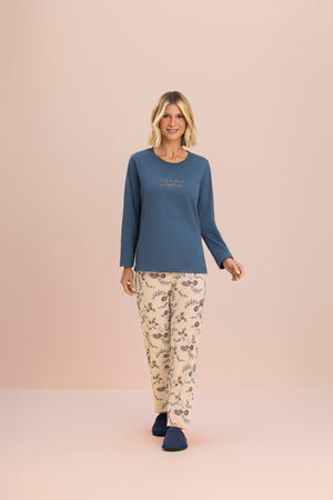 Pijama Manga Longa Rosas Azuis em Algodão - Lua Encantada
