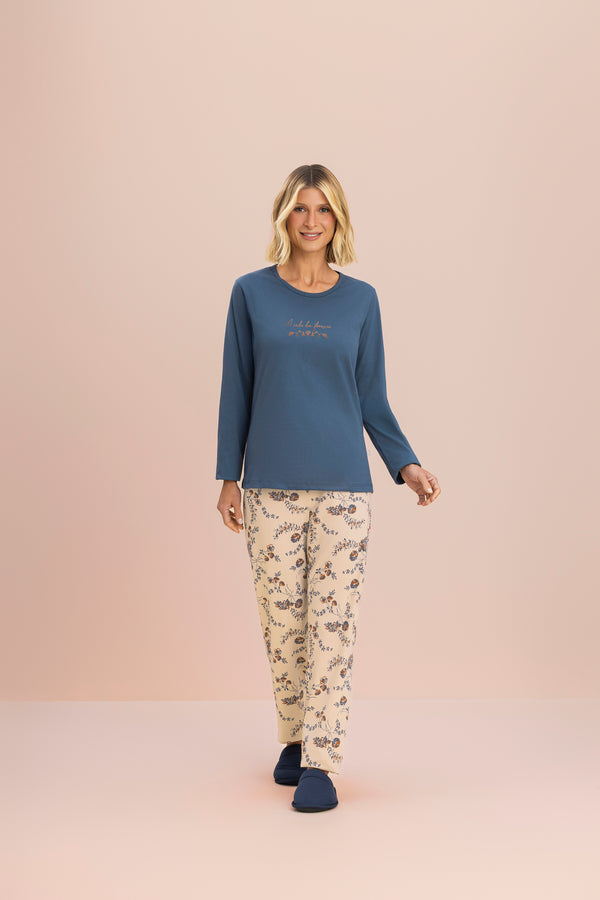 Pijama Manga Longa Rosas Azuis em Algodão - Lua Encantada