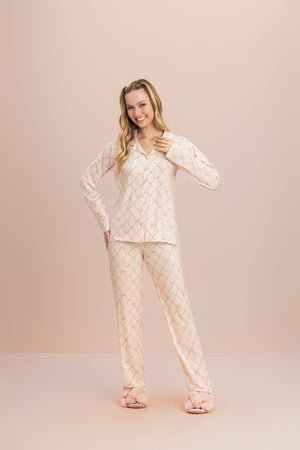 Pijama Manga Longa Aberto Teddy Laços em Malha Peach - Lua Encantada