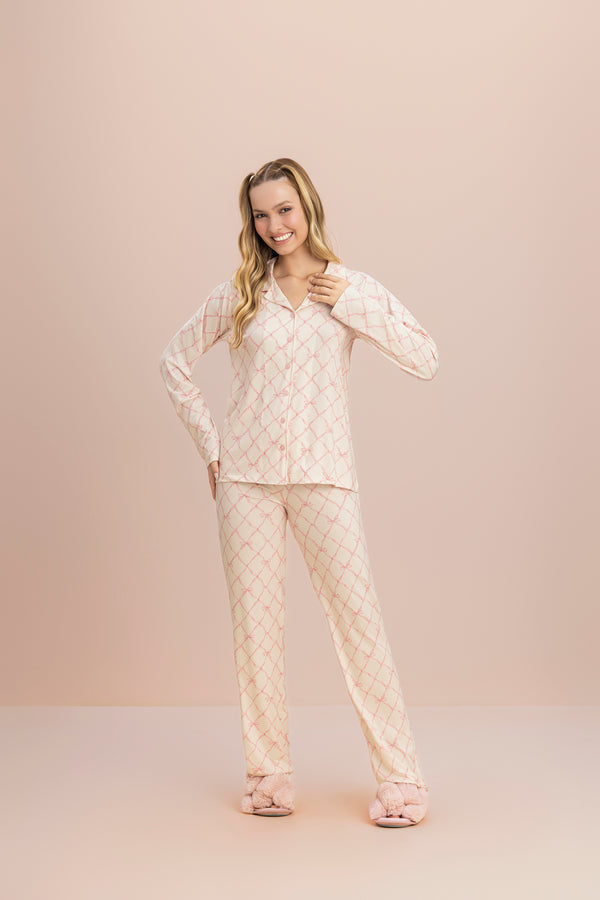 Pijama Manga Longa Aberto Teddy Laços em Malha Peach - Lua Encantada