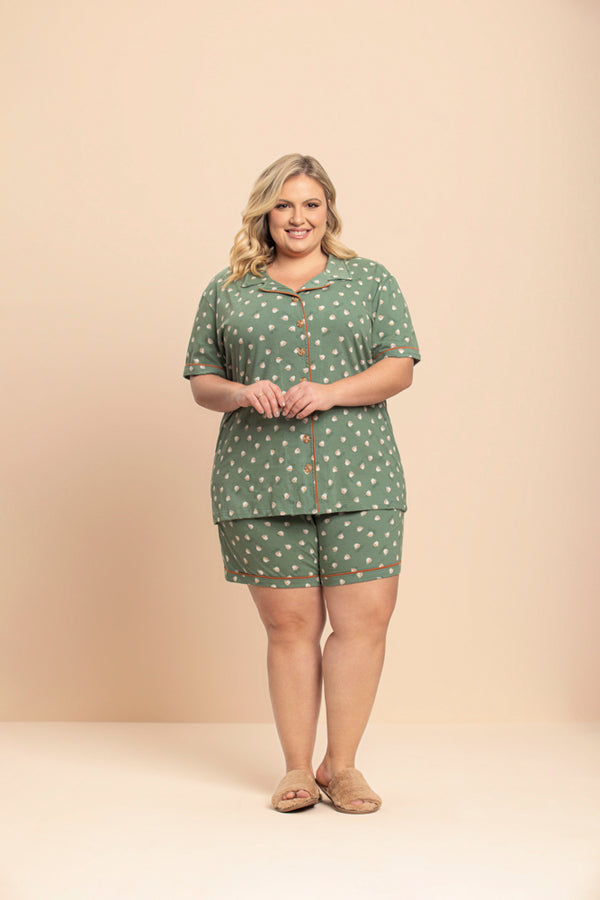 Short Doll Manga Curta Aberto Green Coffee em Algodão - Lua Encantada