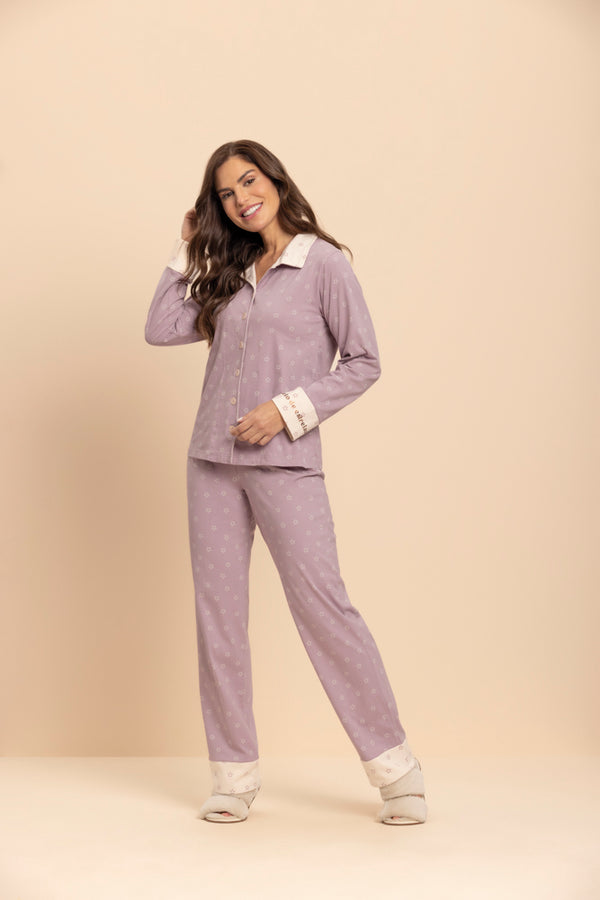 Pijama Manga Longa Aberto Estrelada em Algodão - Lua Encantada