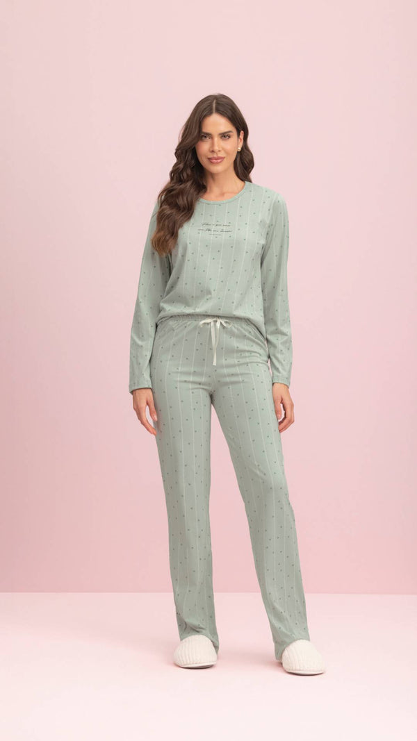 Pijama Manga Longa Feminino Coração em Algodão - Lua Encantada