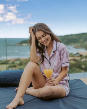 Pijama Alfaiataria Manga Curta Rosa Listrado - Mar de Sonhos