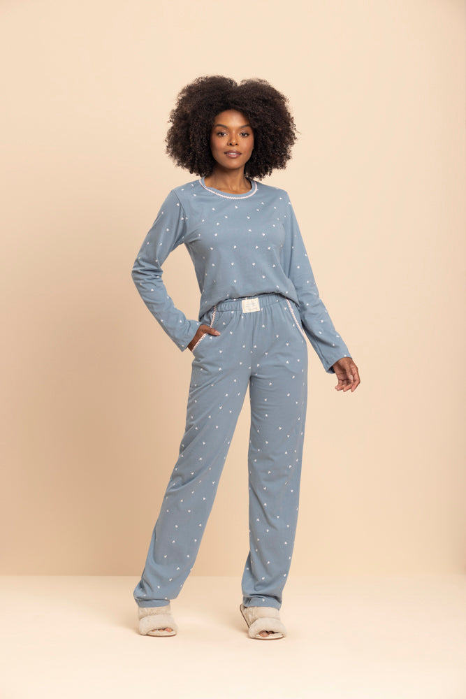 Pijama Manga Longa Inspire Azul em Algodão - Lua Encantada