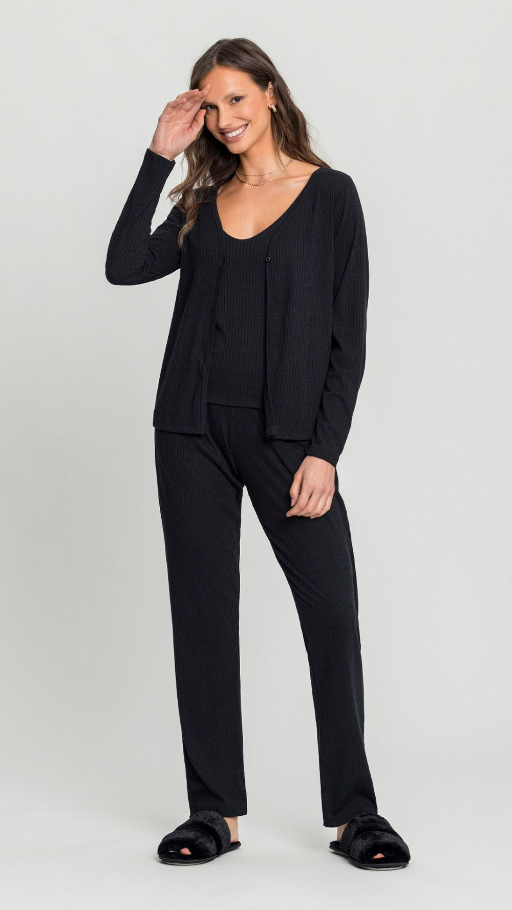 Conjunto Feminino de Três Peças Longo em Ribana Canelada - Mensageiro dos Sonhos