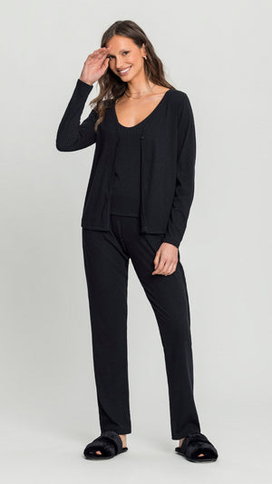 Conjunto Feminino de Três Peças Longo em Ribana Canelada - Mensageiro dos Sonhos