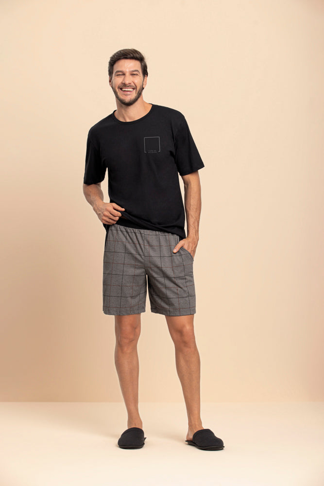 Pijama Manga Curta Masculino Grid Mescla em Algodão - Lua Encantada