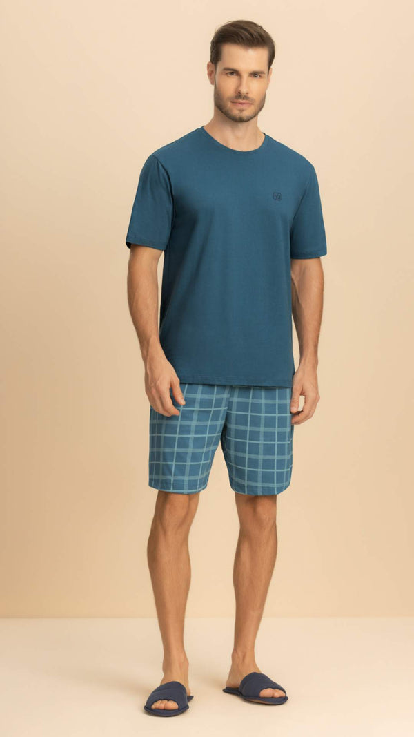 Pijama Manga Curta Masculino Xadrez em Algodão - Lua Encantada