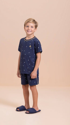 Pijama Manga Curta Infantil Masculino Barquinho em Algodão - Lua Encantada
