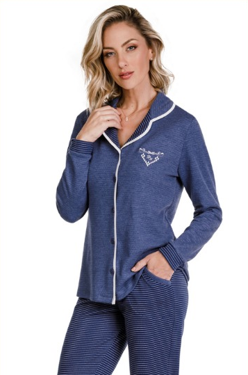 Pijama Manga Longa Aberto Avelã em Algodão - Divina Noite