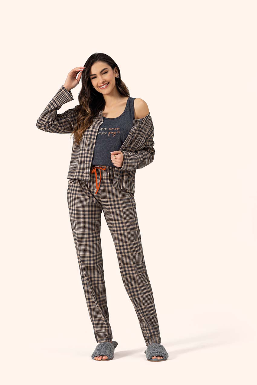 Pijama Manga Longa 3 Peças Vintage em Algodão - Lua Encantada