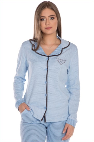 Pijama Manga Longa Aberto Avelã em Algodão - Divina Noite