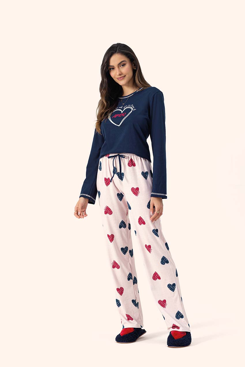 Pijama Feminino Manga Longa Sobre o Amor em Algodão - Lua Encantada