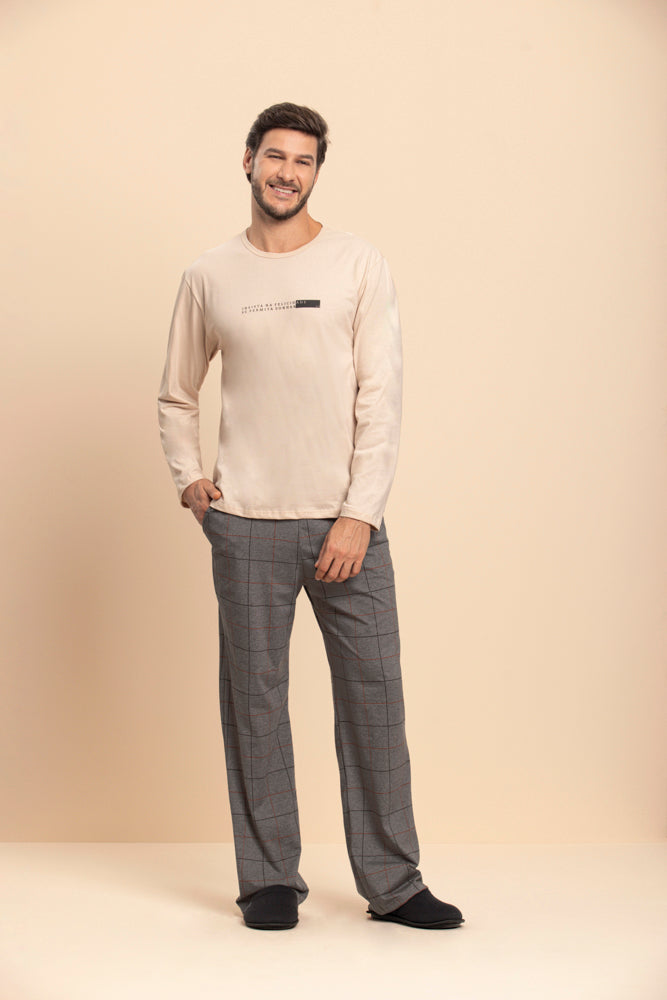 Pijama Manga Longa Masculino Família Grid em Algodão e Malha Mescla - Lua Encantada