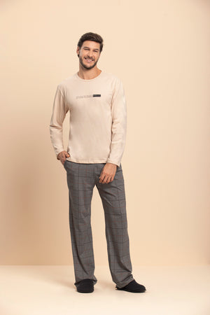 Pijama Manga Longa Masculino Família Grid em Algodão e Malha Mescla - Lua Encantada