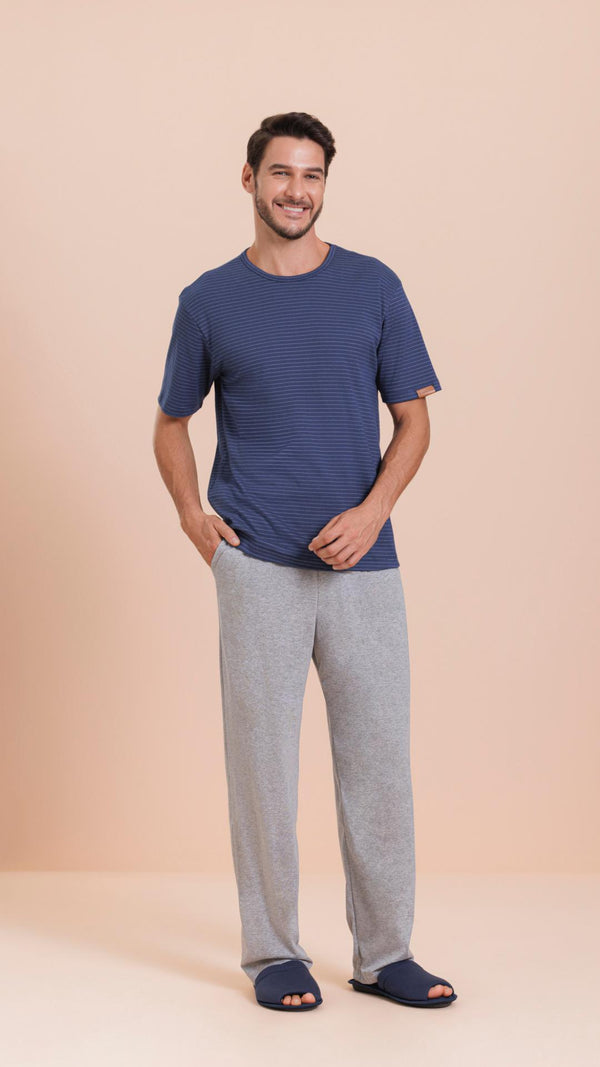 Pijama Masculino Manga Curta Navy em Malha Mescla - Lua Encantada