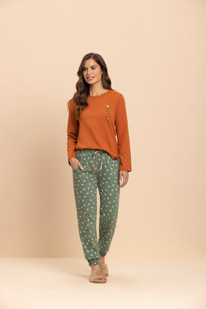 Pijama Manga Longa Green Coffee em Algodão - Lua Encantada