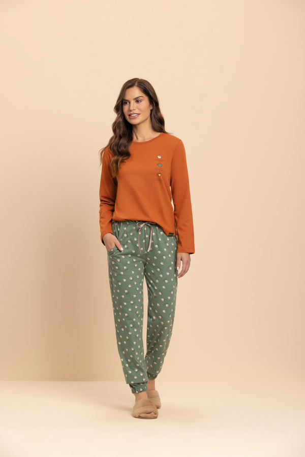 Pijama Manga Longa Green Coffee em Algodão - Lua Encantada