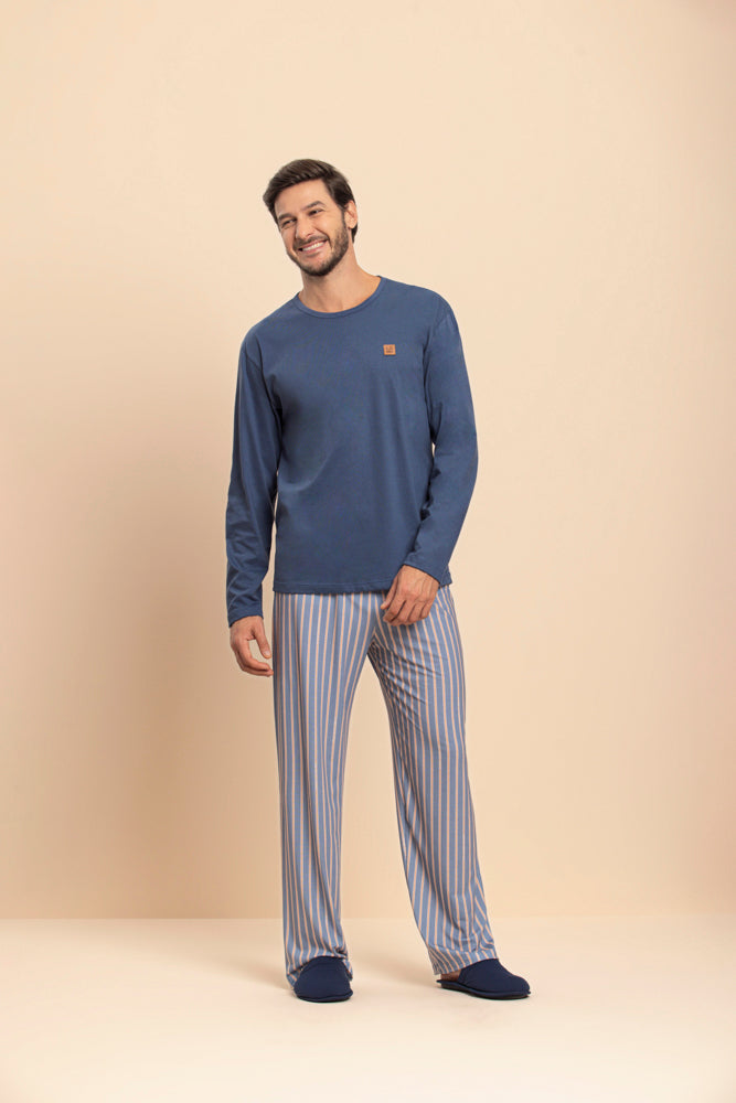Pijama Manga Longa Masculino Para Ficar em Casa em Algodão - Lua Encantada