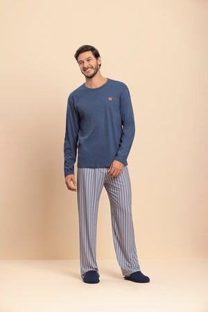 Pijama Manga Longa Masculino Para Ficar em Casa em Algodão - Lua Encantada