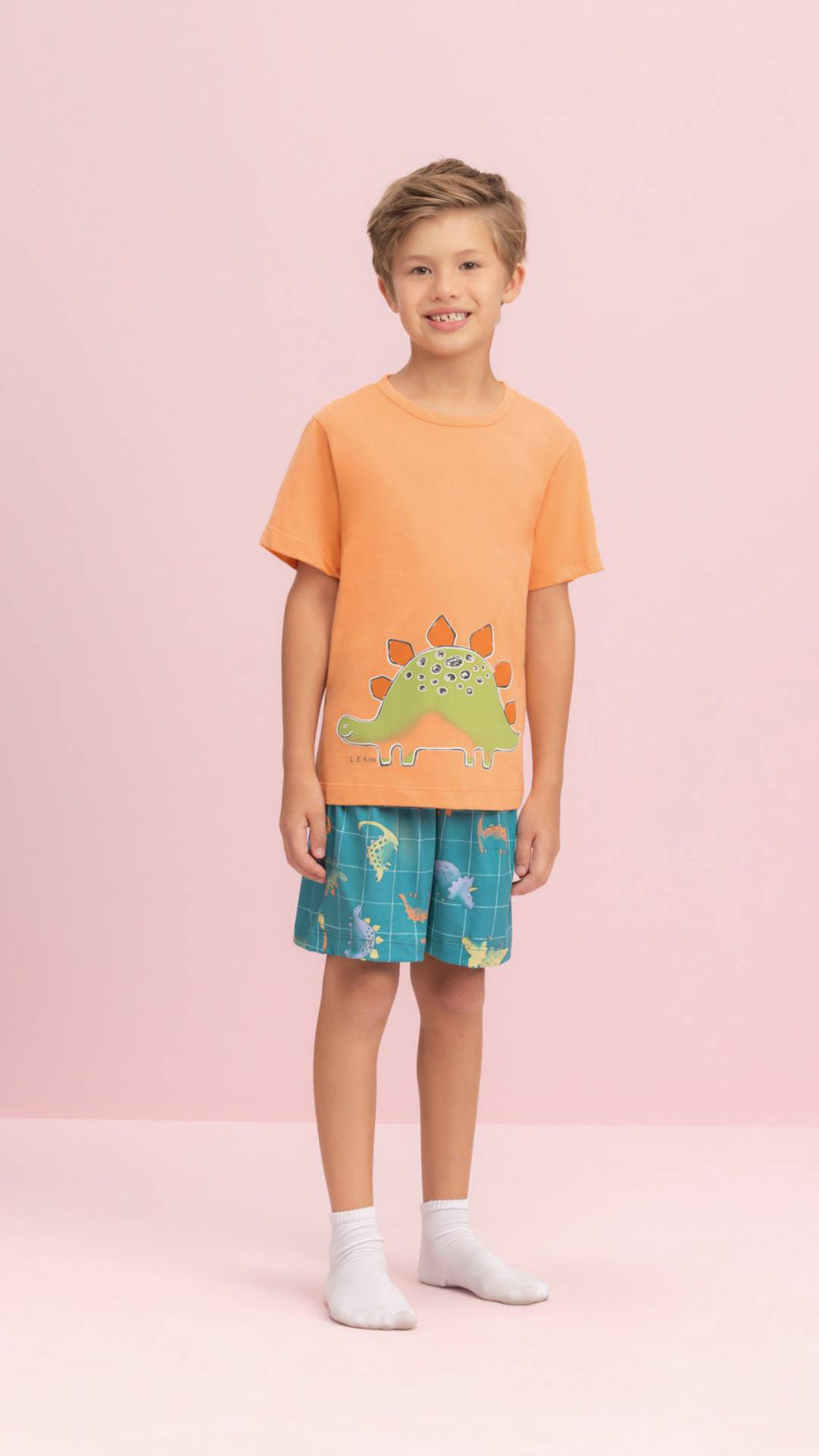 Pijama Manga Curta Masculino Infantil Dino em Algodão - Lua Encantada