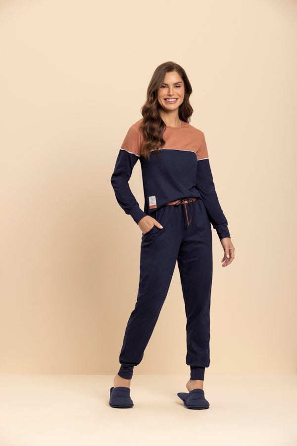 Pijama Manga Longa Liso Recortes em Algodão - Lua Encantada