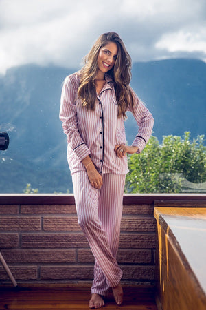 Pijama de Alfaiataria Manga Longa Rosa Listrado - Mar de Sonhos - G