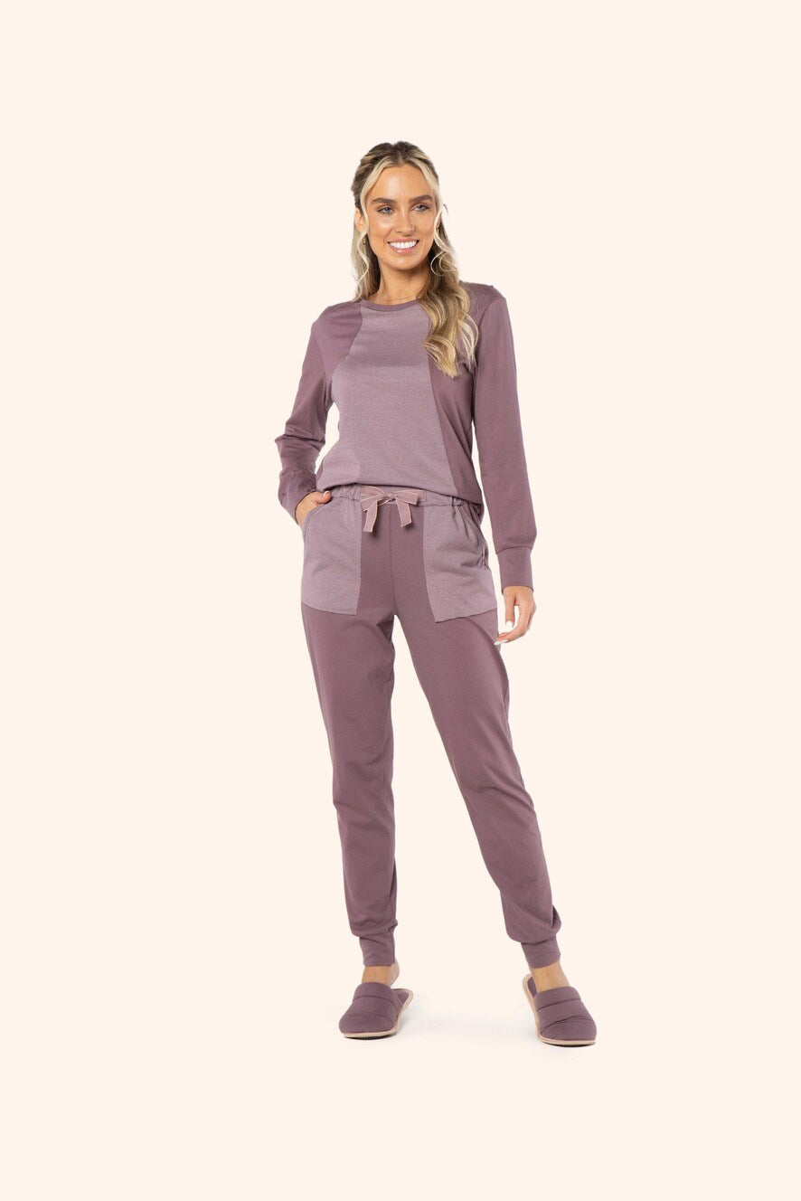 Pijama Manga Longa Ametista em Algodão e Malha Mescla - Lua Encantada