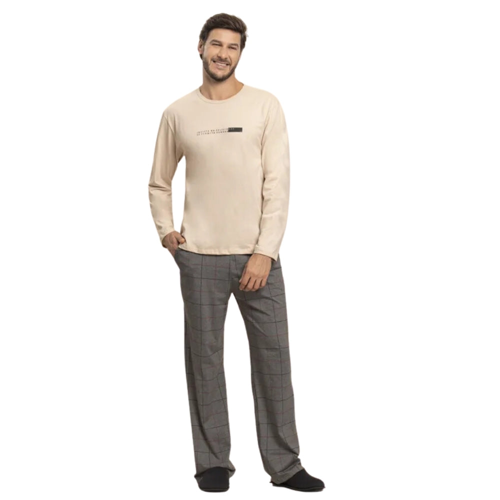 Pijama Manga Longa Masculino Família Grid em Algodão e Malha Mescla - Lua Encantada