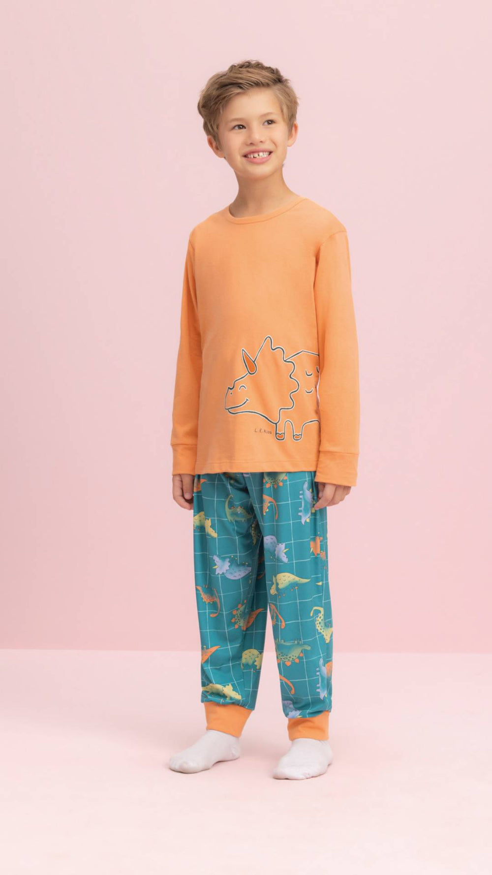 Pijama Manga Longa Masculino Infantil Dino em Algodão - Lua Encantada