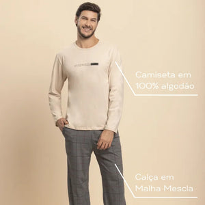Pijama Manga Longa Masculino Família Grid em Algodão e Malha Mescla - Lua Encantada