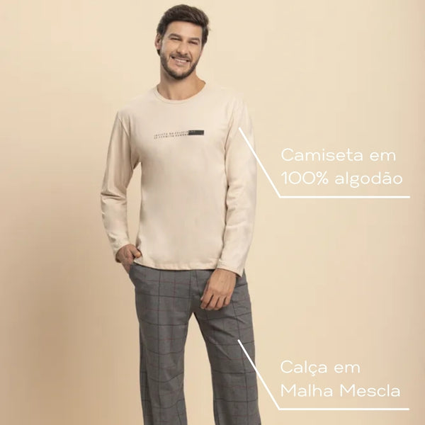 Pijama Manga Longa Masculino Família Grid em Algodão e Malha Mescla - Lua Encantada