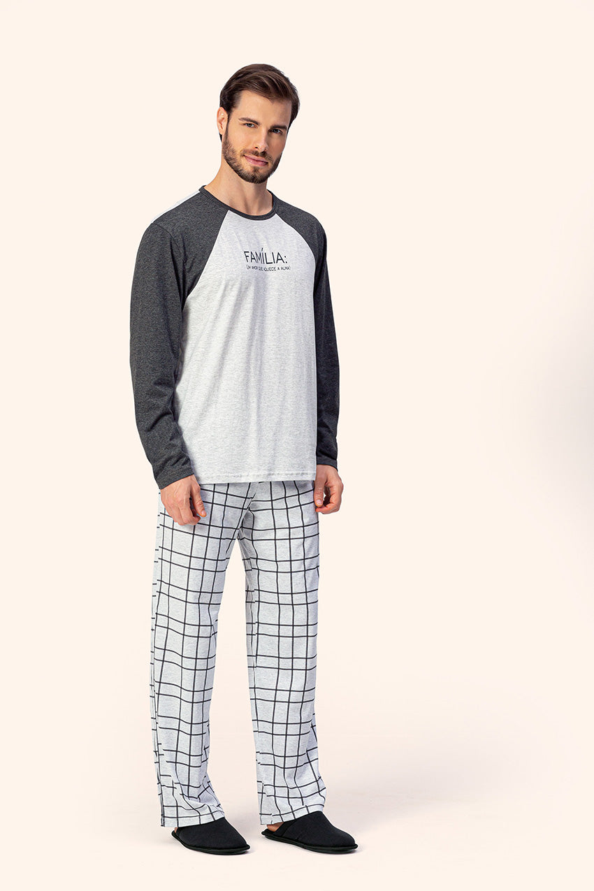 Pijama Masculino Manga Longa Chess em Malha Mescla - Lua Encantada