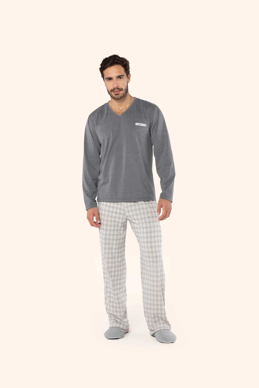 Pijama Masculino Manga Longa Xadrez Mescla em Malha Mescla - Lua Encantada