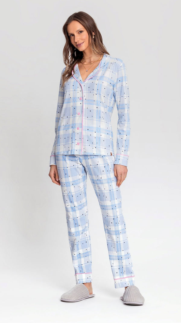 Pijama Americano Manga Longa Xadrez Com Estrelas em Algodão - Mensageiro dos Sonhos