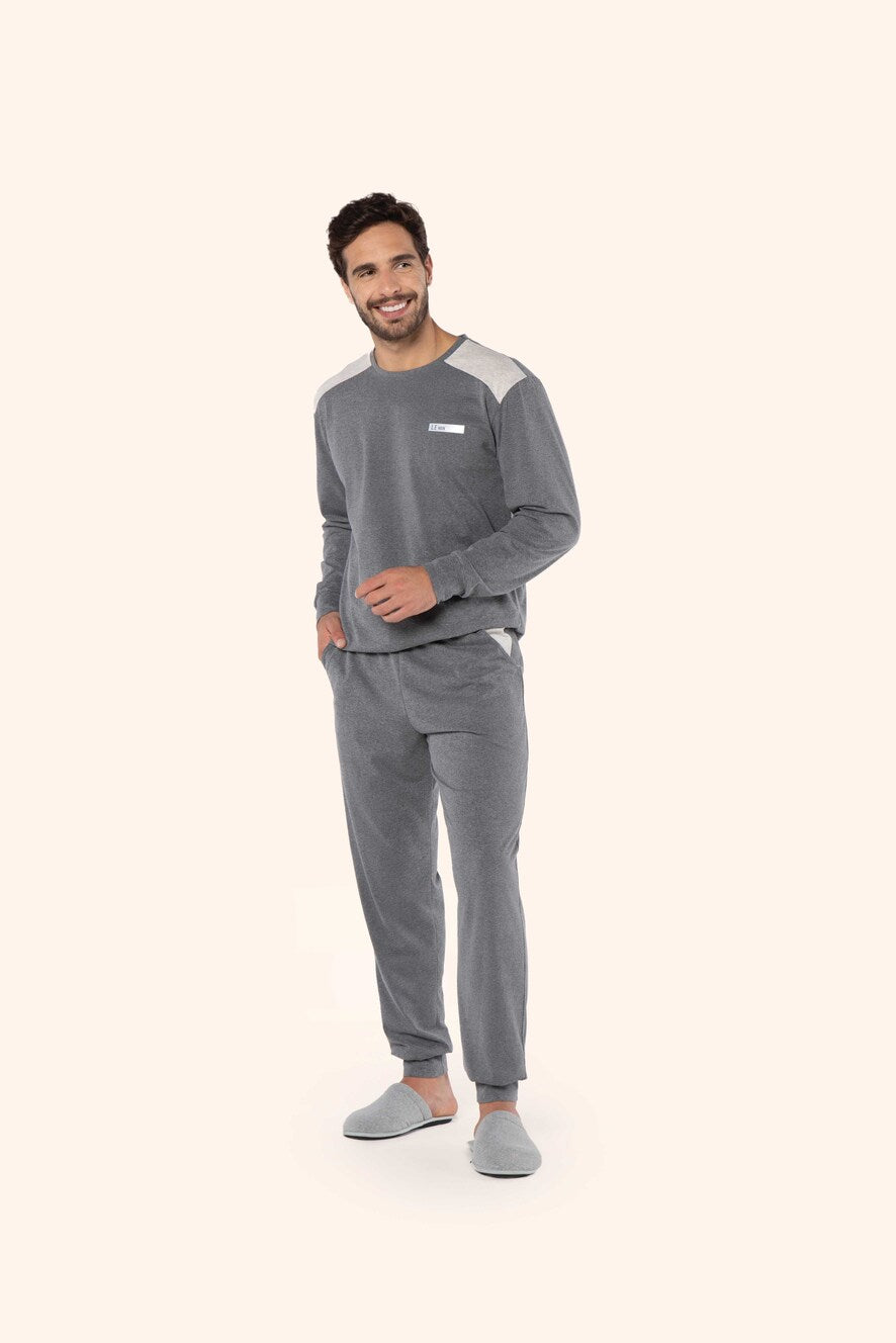 Pijama Manga Longa Masculino Seja Leve em Malha Mescla - Lua Encantada