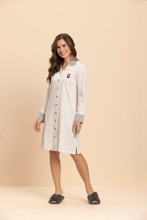 Camisola Manga Longa Aberta Listrado Cinza em Algodão - Lua Encantada