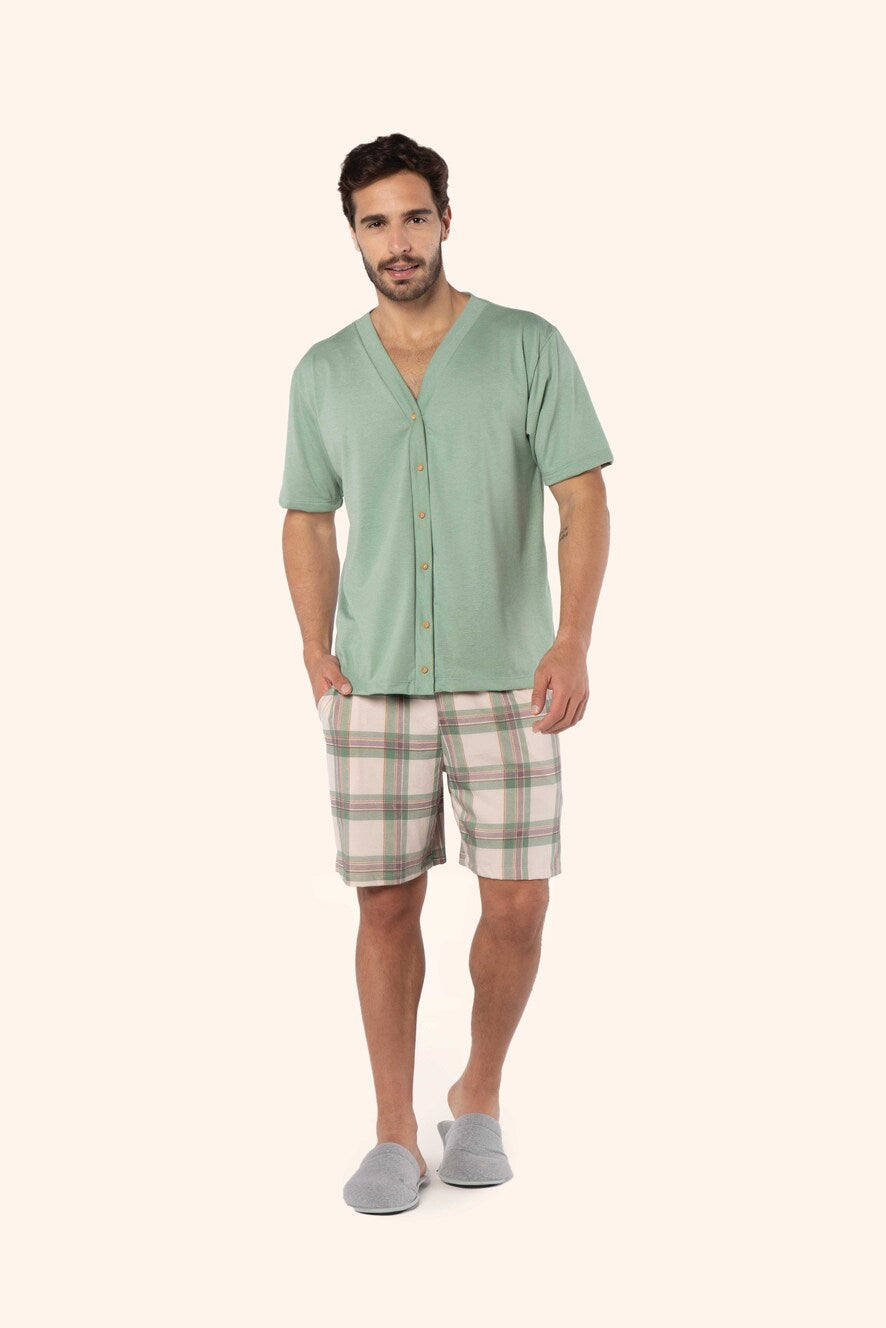 Pijama Manga Curta Aberto Masculino Sonhe Verde em Malha Mescla - Lua Encantada