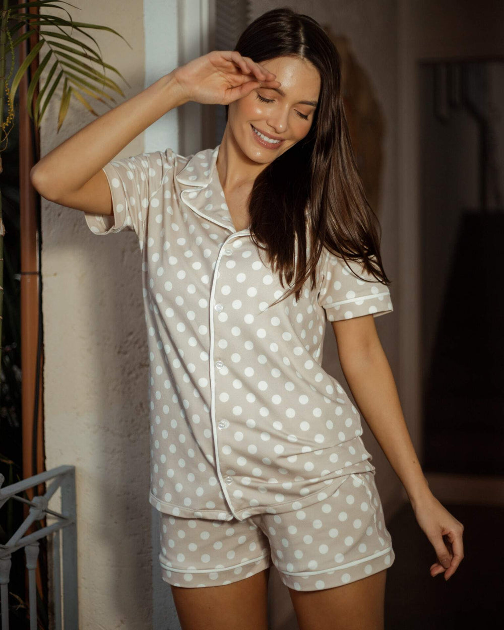 Pijama Manga Curta Alfaiataria Poa em Malha Mescla - Mar de Sonhos