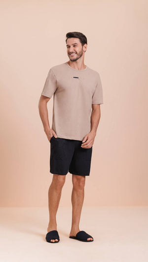 Pijama Manga Curta Masculino Capuccino em Malha Mescla - Lua Encantada