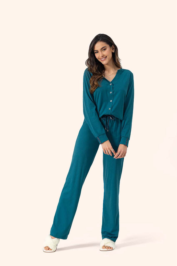 Pijama Feminino Manga Longa Aberto Amistoso em Algodão - Lua Encantada