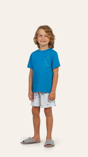 Pijama Manga Curta Masculino Infantil Peixinho em Algodão e Malha Mescla - Lua Encantada